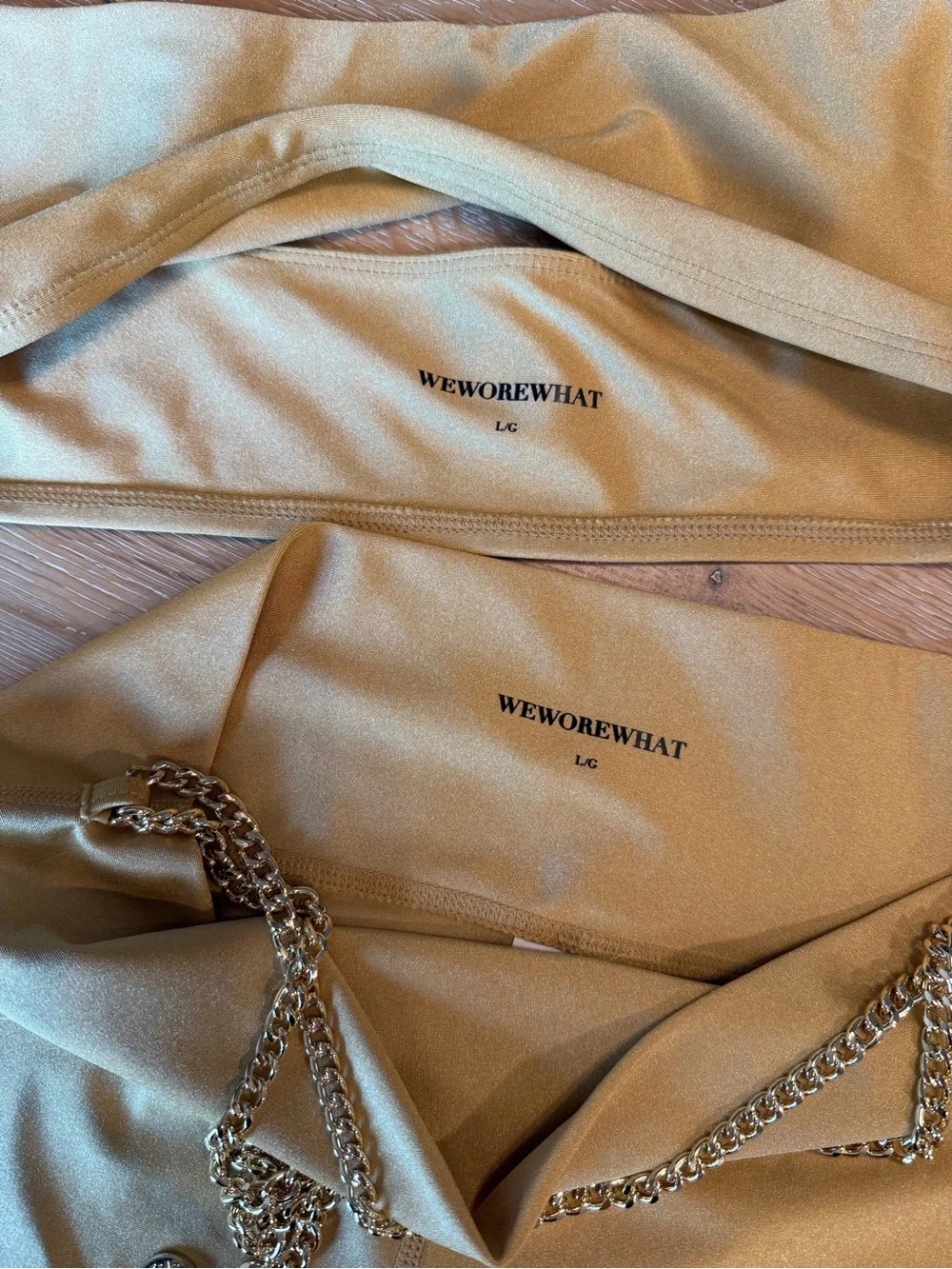 WeWoreWhat Gold Chain-Trim Bike Shorts Set in Metallic Gold
